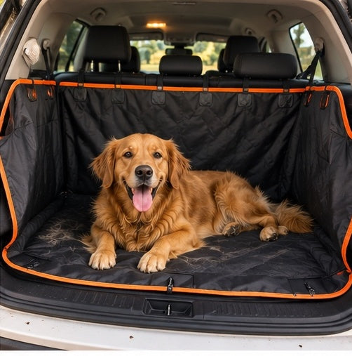 Chien allongé sur un protège-coffre noir à liseré orange dans un coffre de voiture